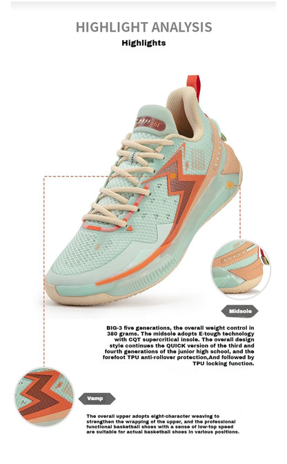 BIG3 5.0 Quick Men Basketball Shoes Cushion Bounce Wearable Breathable Stable Support Comfort Male Sneaker 672431118