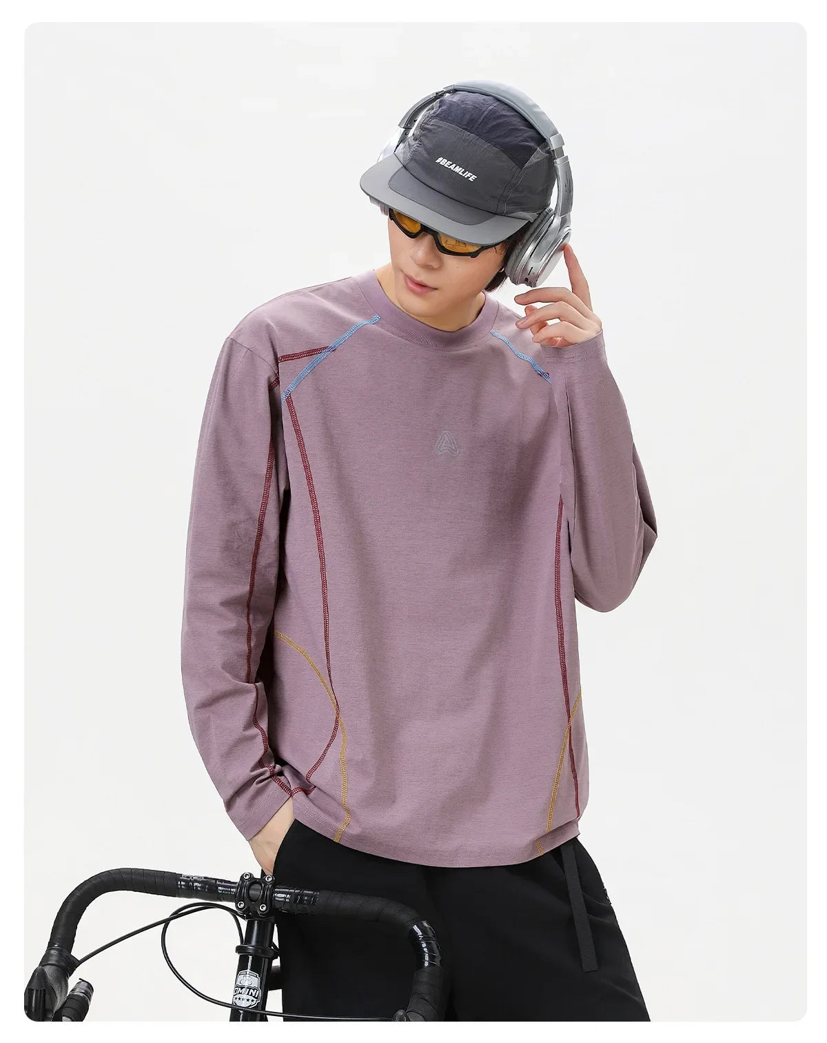 Men's Cool-Touch Contrast Stitch Long Sleeve T-Shirt – Loose Fit Moisture-Wicking Athletic Top for Autumn & Summer Sports