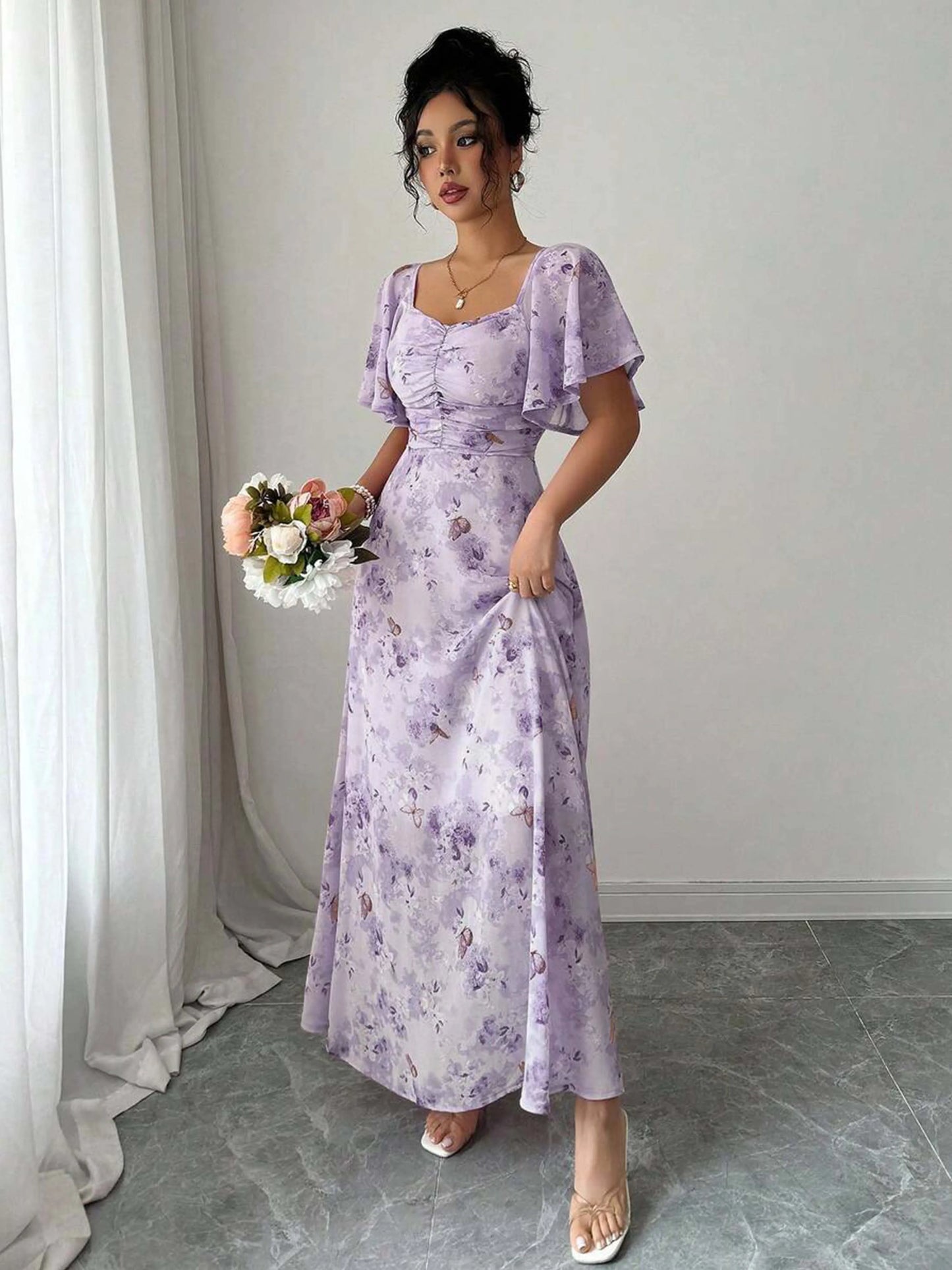 Women's Sweet French Style Mini Dress with Purple Butterfly Print, Batwing Sleeves & Back Zipper