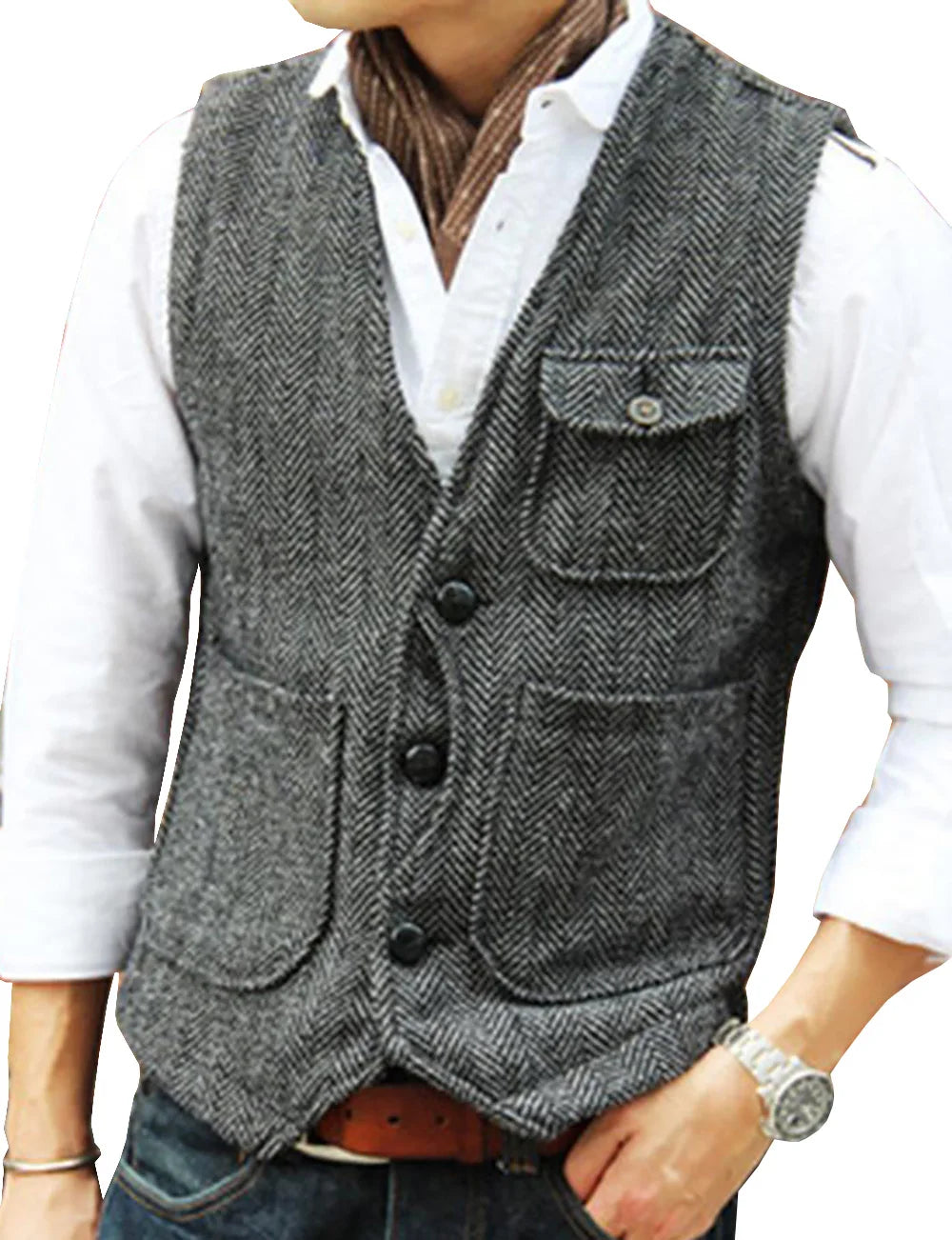 Men's Business Suit Vest Herringbone Tweed V Neck Formal Waistcoat for Wedding Suit or Tuxedo