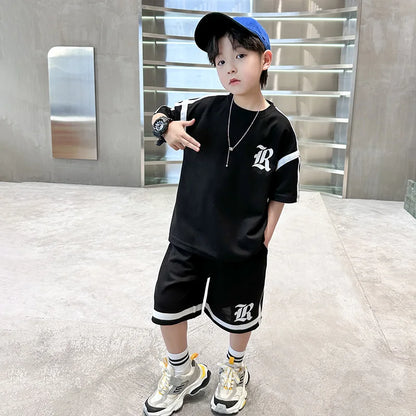 2025 Kids Summer Clothing Boys Top and Bottom Set Beige Black Color T-shirt Shorts 2PCS Tracksuit Set Teens Child Casual Outfit