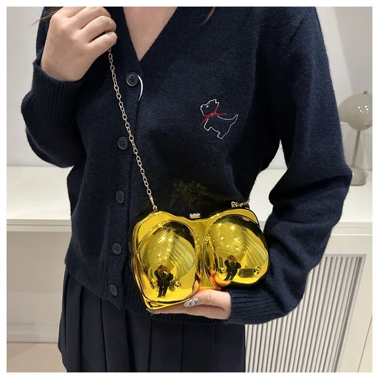 Party Purse Chest Shape PVC Bag For Women 2025 Mini Crossbody Bag Metal Chain Shoulder Bag Luxury Gold Silvery Lipstick Pouch