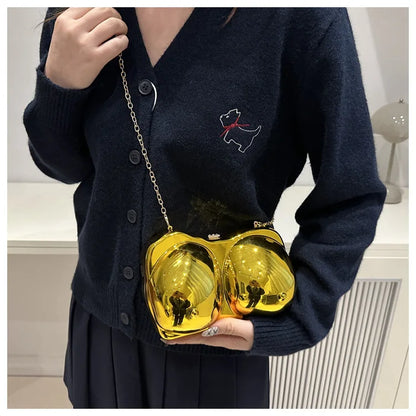 Party Purse Chest Shape PVC Bag For Women 2025 Mini Crossbody Bag Metal Chain Shoulder Bag Luxury Gold Silvery Lipstick Pouch