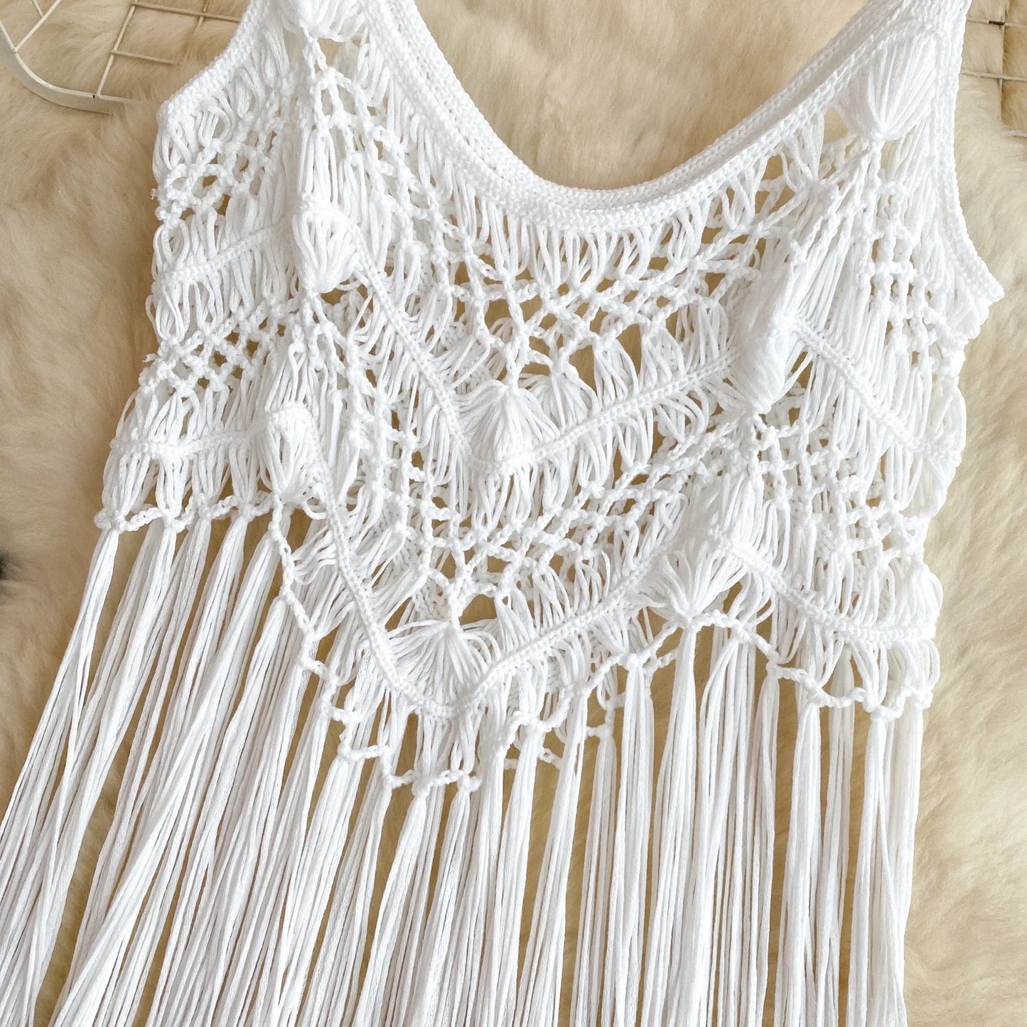 Retro Knitted Camis Bohemian Vacation Beach style Summer Tank 2024 New Women Strap Sleeveless Long Tassel Tops