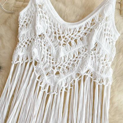 Retro Knitted Camis Bohemian Vacation Beach style Summer Tank 2024 New Women Strap Sleeveless Long Tassel Tops