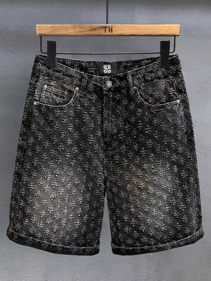 American Y2K Light Luxury Quality Retro Denim Shorts Summer Hip Hop INS Men Loose Shave Jacquard Couple Denim Five Point Pants