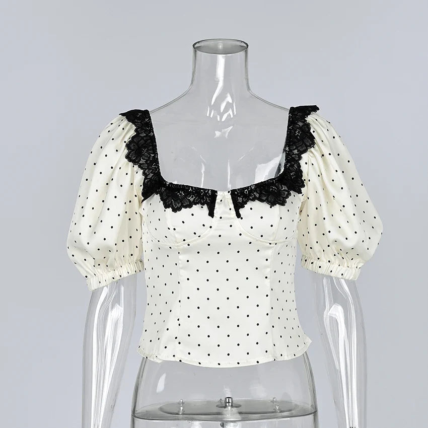 Vintage Polka Dot Square Collar Shirts Elegant Lace Puff Sleeve Woman Blouse 2026 Fashion Sexy Pullover Ladies Tops Spring