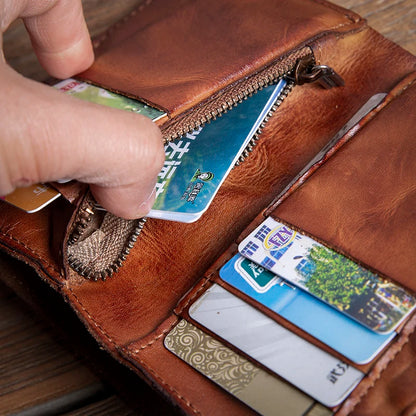 High Quality Men Genuine Leather Wallet Vintage Bifold Money Clip Credit Card Holder Luxury Design with Zipper Coin Pocket