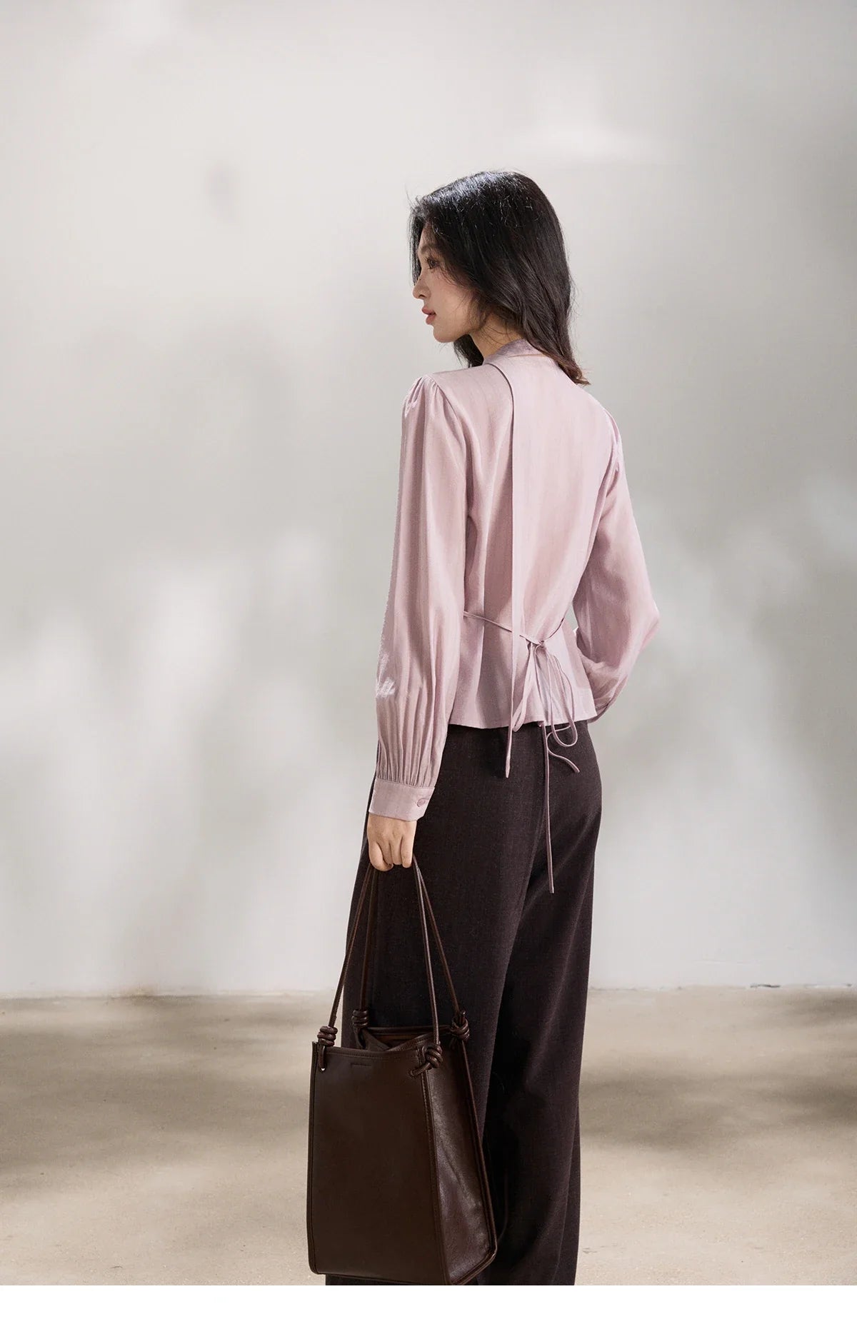 Women's Purple Sweet Shirts 2026 Spring Ribbon V-Neck Ruffled Asymmetrical Shirt Back Lace-up Waist Casual Top MXF13X2527