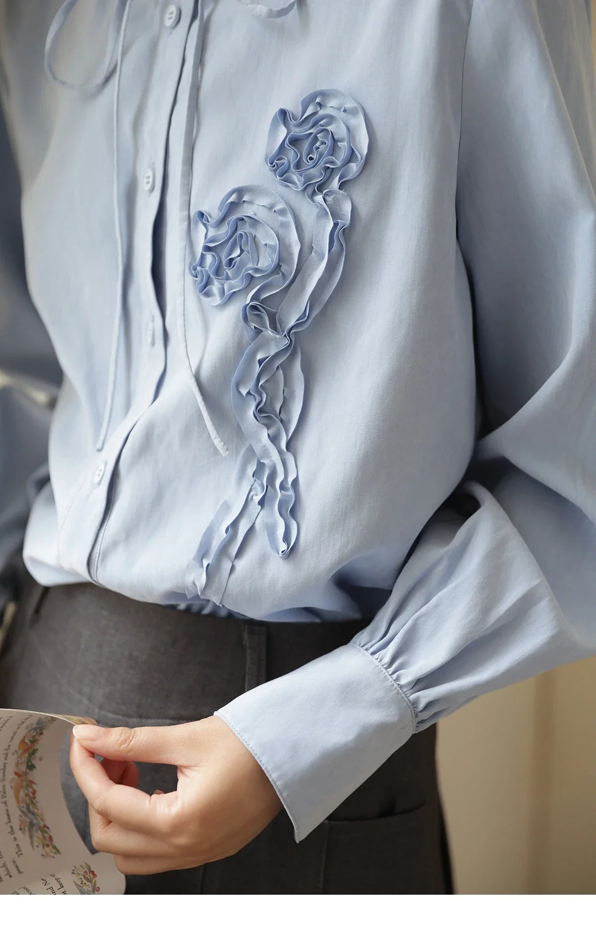 Coiled Flowers Embroidered Blue Shirt for Women Spring 2026 Stand Neck Lace-up Brushed Shirts Office Lady MXE44C2398