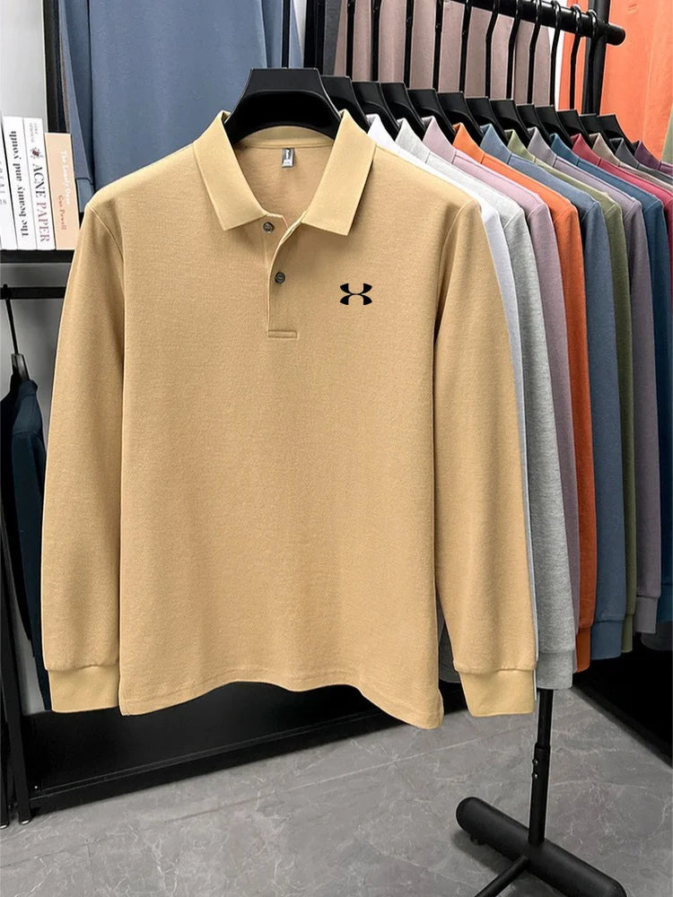 Men's brand polo shirt letter printed long sleeved top spring new 100% cotton casual sports breathable lapel fashionable T-shirt