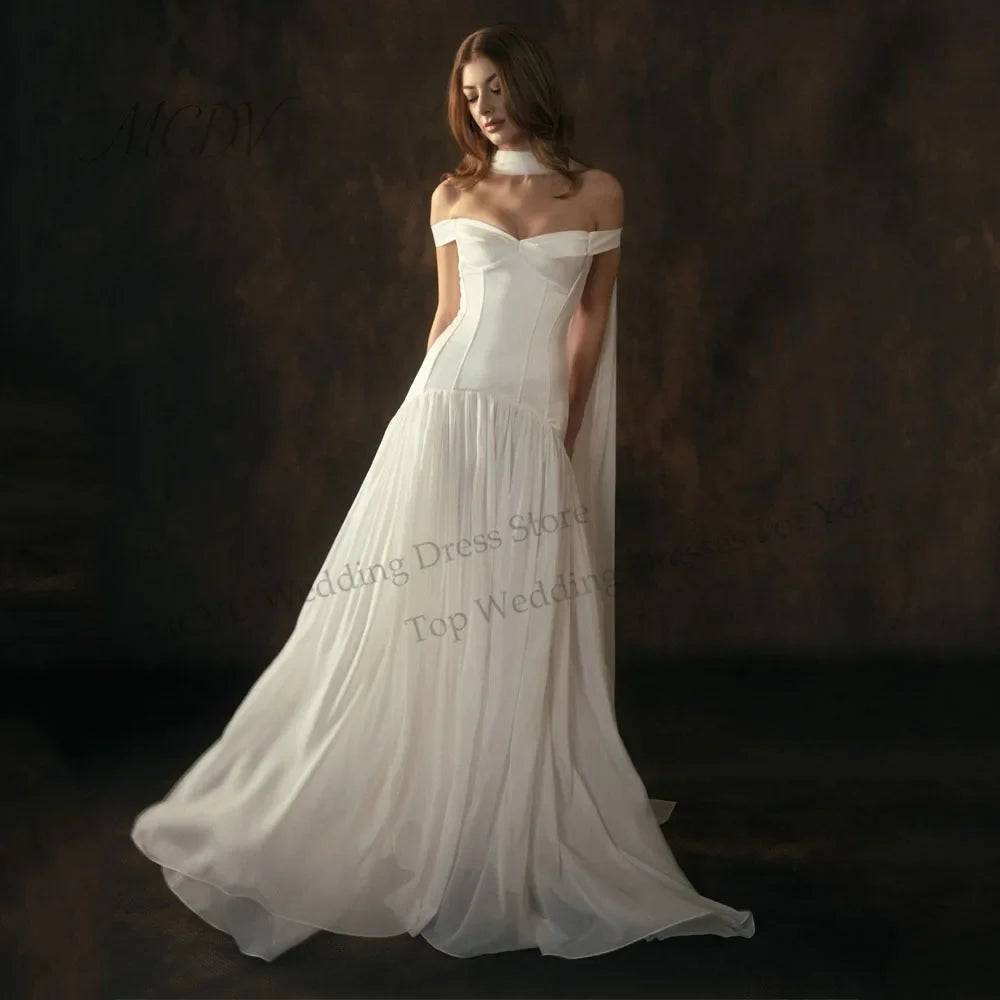 Off The Shoulder Chiffon A Line Wedding Dress Pleated Corset Back Bride Gowns Strapless vestido de casamento noiva civil 2026