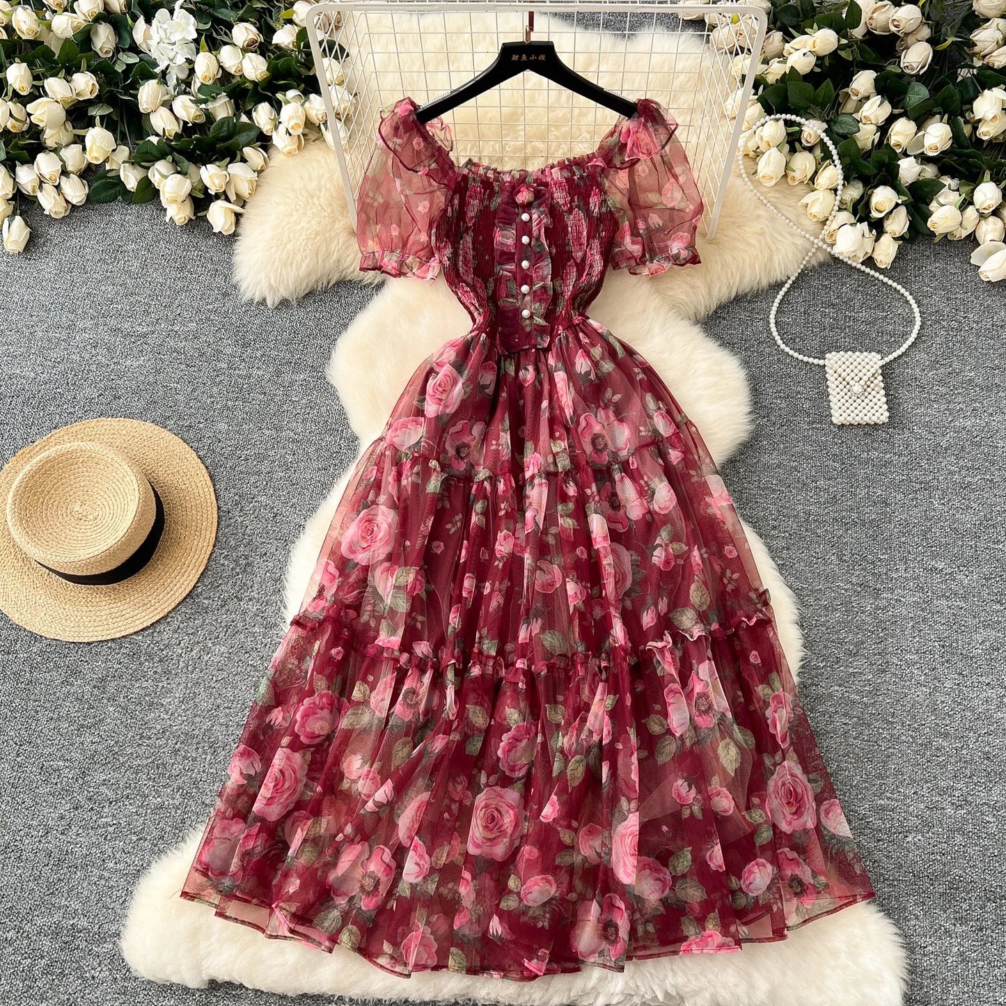 Retro Floral Chiffon Dr Women's Waist Cinched Bubble Sve Me Skirt Tea Break Gentle Soft Sle Korean High Waist A-Lin...