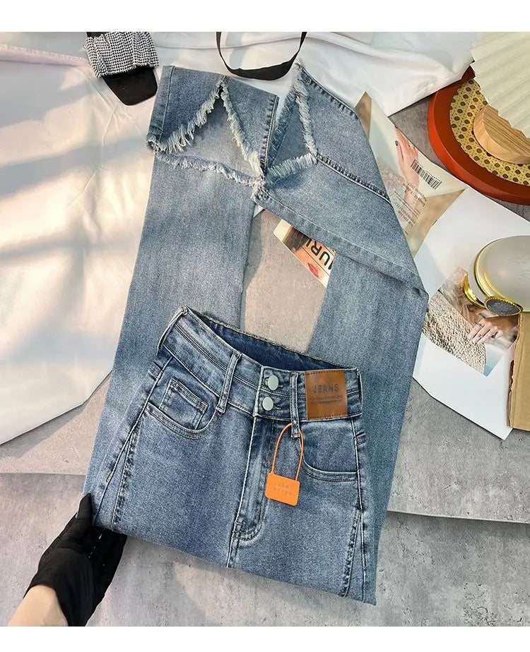 Women Autumn Y2K Slim Flared Denim Trouser Raw Edge Vintage Sexy Minimalist Pant Grunge High Waist Solid High Street Retro Jeans