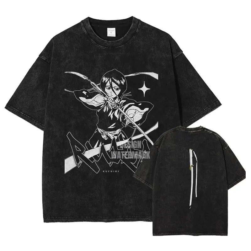 Anime B-Bleach T-Shirt Oversized Vintage Washed Zaraki Kenpachi T-Shirts Retro Harajuku Ichigo Rukia Tops Tees Man 100% Cotton
