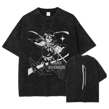 Anime B-Bleach T-Shirt Oversized Vintage Washed Zaraki Kenpachi T-Shirts Retro Harajuku Ichigo Rukia Tops Tees Man 100% Cotton