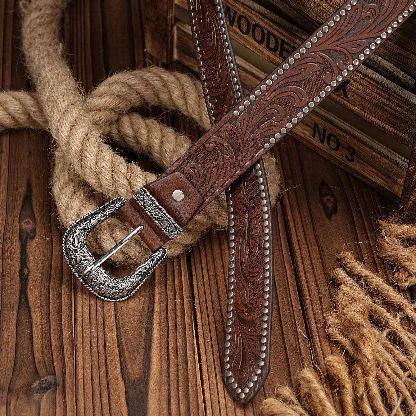 Western Cowboy PU Leather Belt - Men Waist Strap Bull Decoration Floral Engraved for Jeans