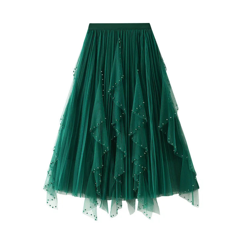 Women's Lotus Leaf Edge A Line Fairy Elastic Waist Tulle Skirt Midi High Waist Mesh Dress Solid Color Irregular Yarn Skirt D8808