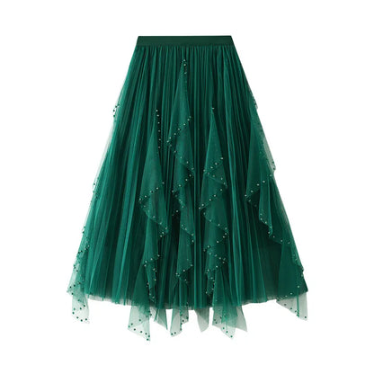 Women's Lotus Leaf Edge A Line Fairy Elastic Waist Tulle Skirt Midi High Waist Mesh Dress Solid Color Irregular Yarn Skirt D8808