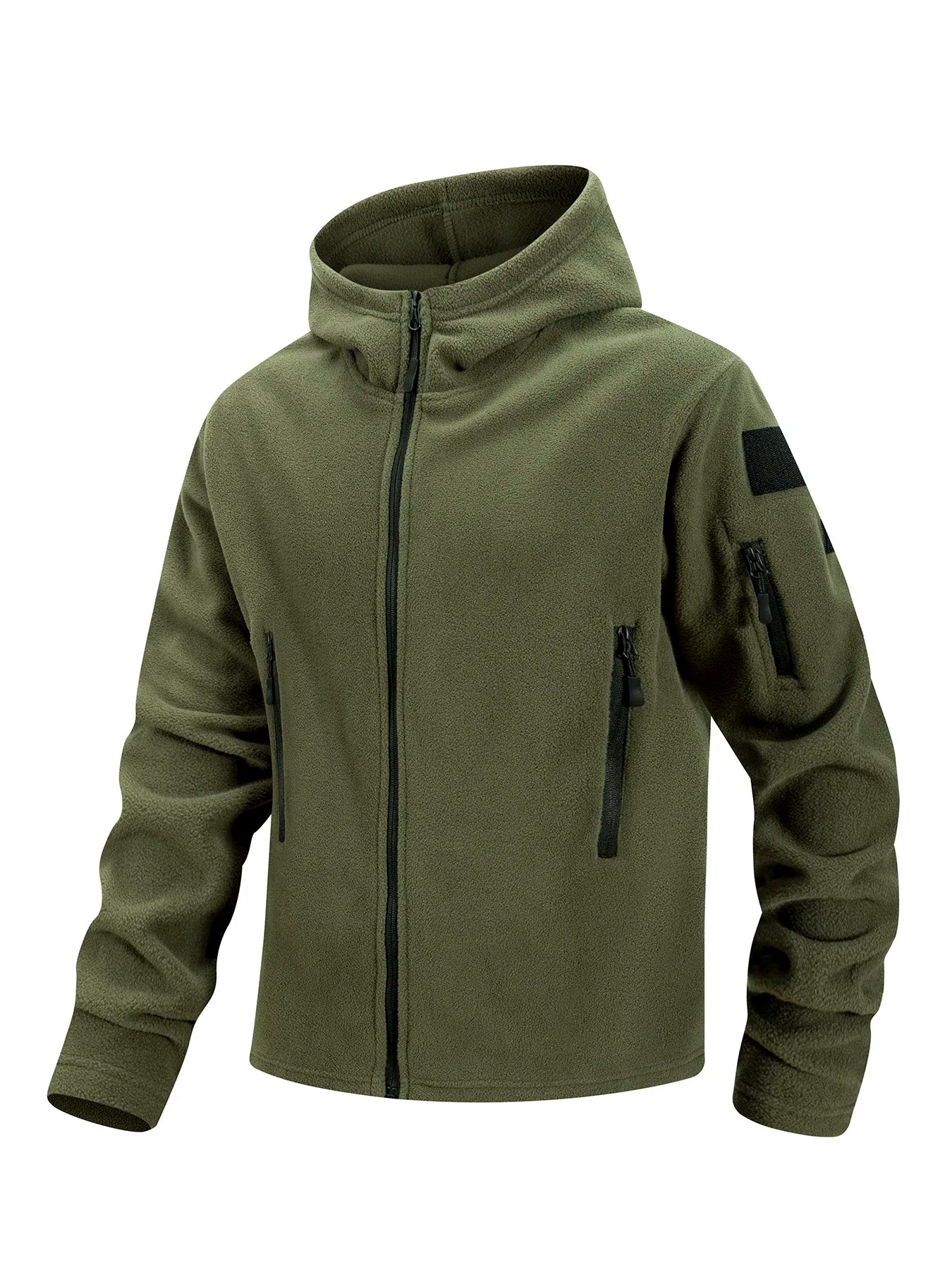 Men's Hiking Tactical Fleece Full Zip Hooded Jacket Multi-Zipper Pockets Design Autumn Winter Warm Outdoor Sports Coat for Men