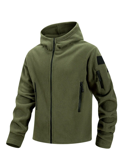 Men's Hiking Tactical Fleece Full Zip Hooded Jacket Multi-Zipper Pockets Design Autumn Winter Warm Outdoor Sports Coat for Men