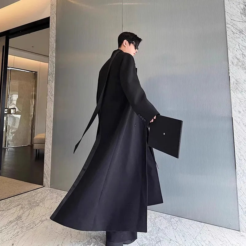 Spring Autumn Extra Logn Black Oversized Flowy Soft Trench Coat for Men with Back High Slit Loose Casual Overcoat