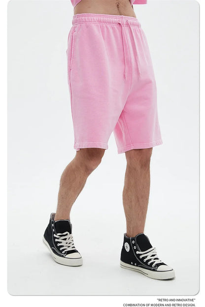 Fashion Summer Men 420gsm Washed Cotton Shorts Retro Unisex High Street Terry Knee Length Short Pants Streetwears HY0845