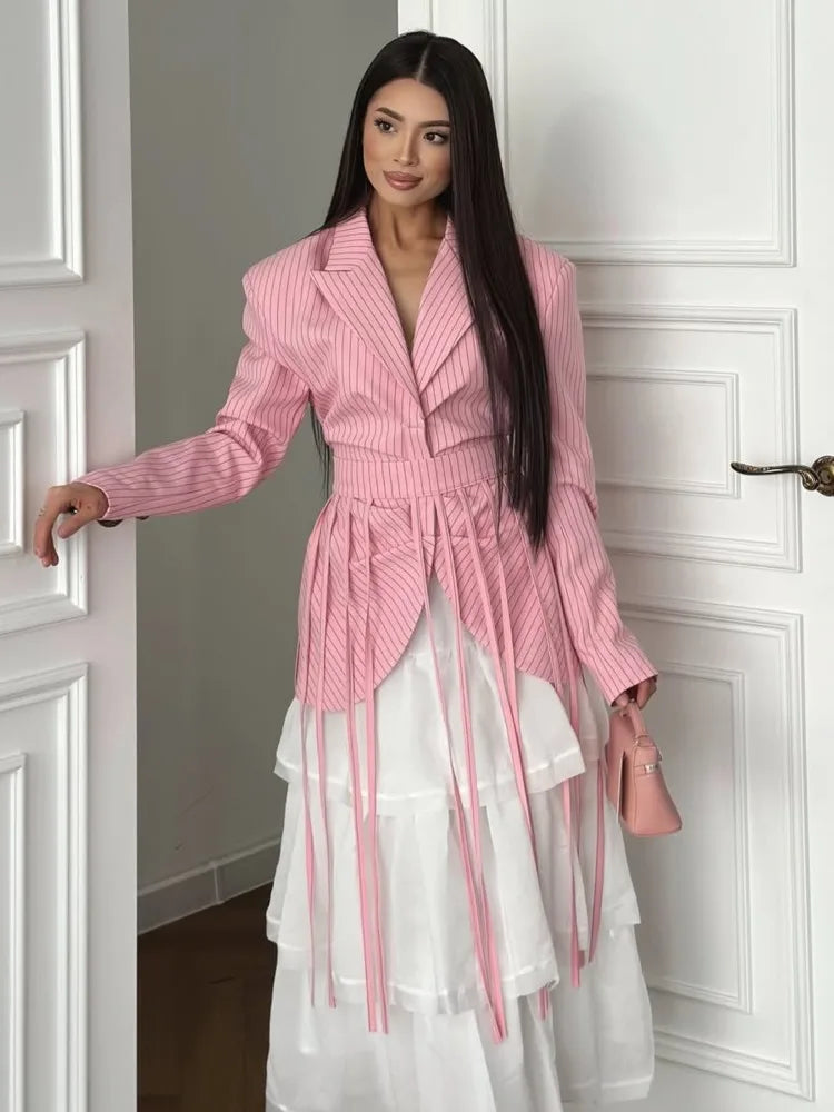 Women's Spring Summer Lapel Stripe Print Fringe Detail Blazer Elegant Formal Party 2026 Trendy Feminine Fashion Blazer