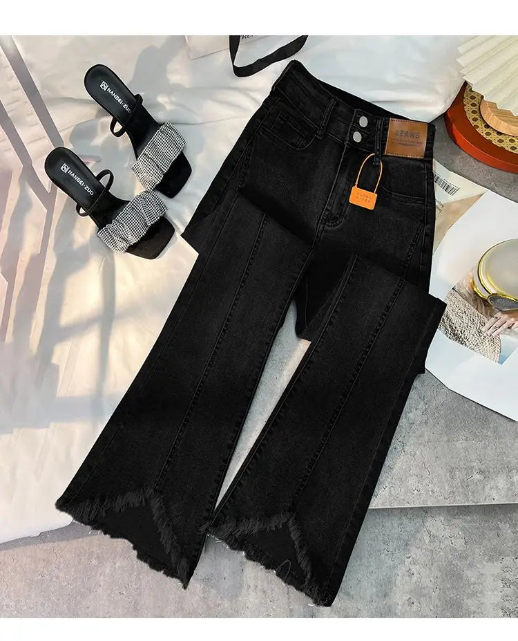 Women Autumn Y2K Slim Flared Denim Trouser Raw Edge Vintage Sexy Minimalist Pant Grunge High Waist Solid High Street Retro Jeans