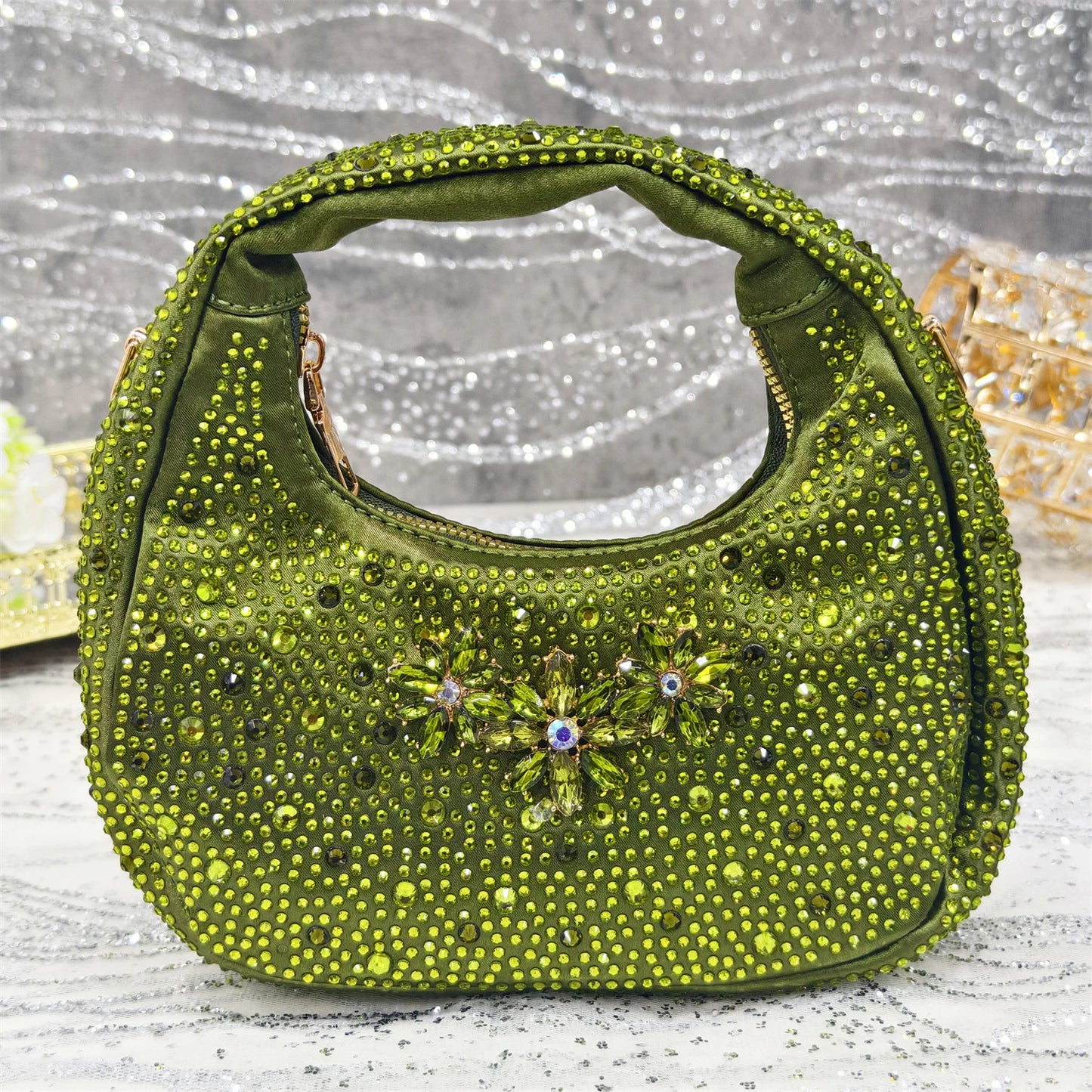 Olive-Green Pointed-Toe Women's High Heels Shoes and Bags for Party Rhinestone Evening Elegant Luxury Handbag