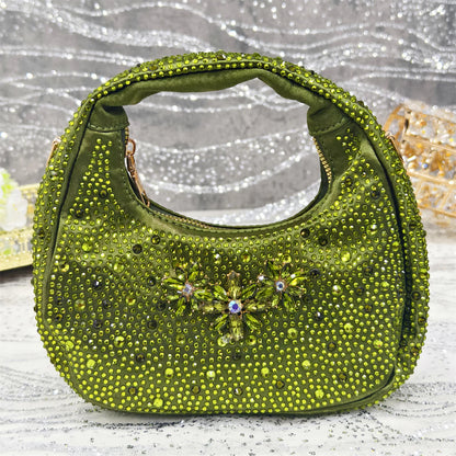 Olive-Green Pointed-Toe Women's High Heels Shoes and Bags for Party Rhinestone Evening Elegant Luxury Handbag