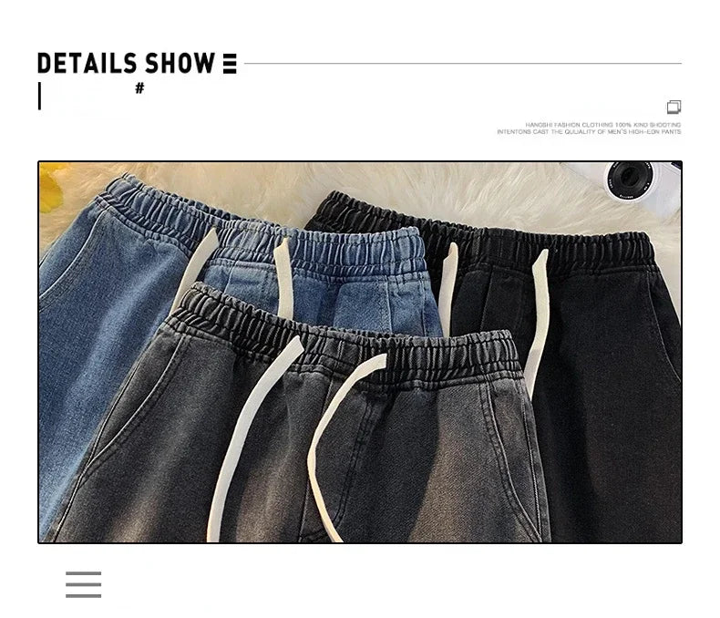 Casual Jeans Men's Baggy Straight Elastic Waist Drawstring Korea Fashion Male Vintage Denim Trousers Streetwear 3XL