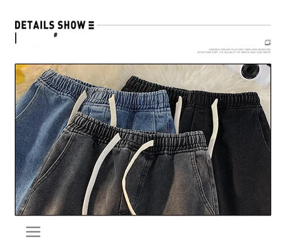 Casual Jeans Men's Baggy Straight Elastic Waist Drawstring Korea Fashion Male Vintage Denim Trousers Streetwear 3XL