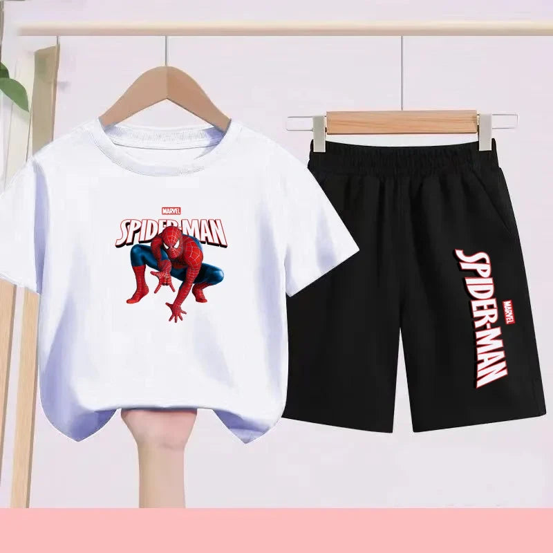 2026 Children's Sports Outfit with Spider Pattern Cartoon Print - T-shirt + Shorts Set, Suitable for Children Aged 3 To 13.