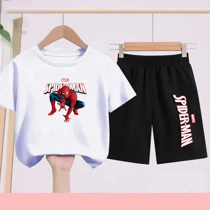2026 Children's Sports Outfit with Spider Pattern Cartoon Print - T-shirt + Shorts Set, Suitable for Children Aged 3 To 13.