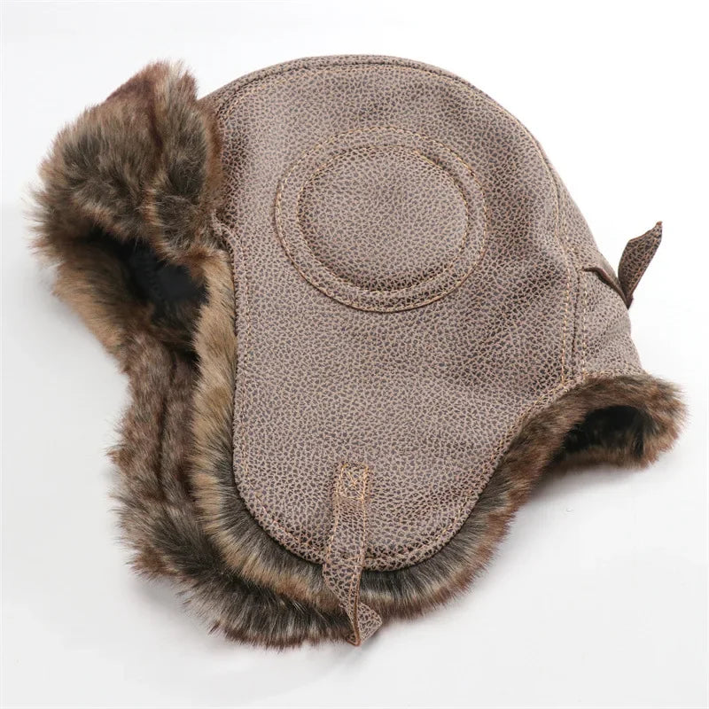 Men Winter Bomber Hat With Goggles Outdoor Motorcycle Windproof Warm Faux Fur Pilot Earflap Hat Leather Thermal Ushanka