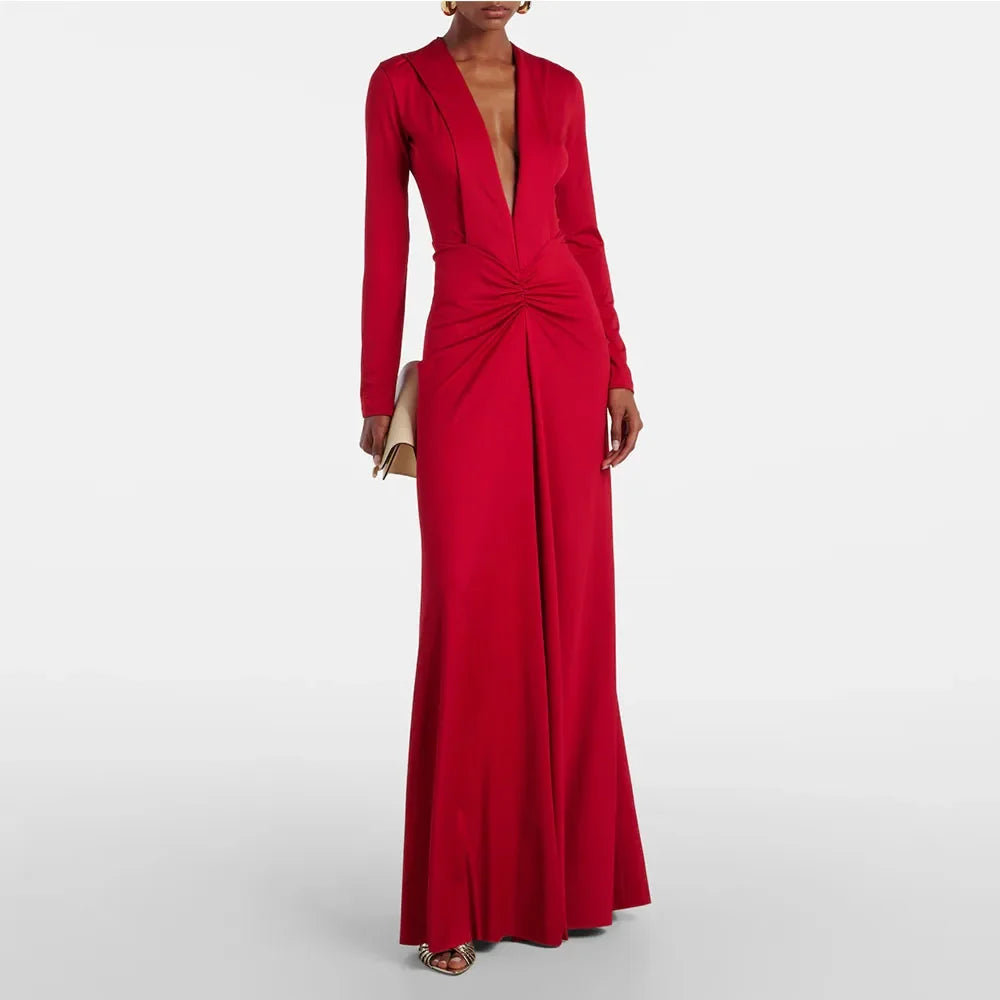 Modern V Neck Red Women's Evening Gown Sheath Floor Length Formal Party Dress PLeat Prom Dress Long Sleeves Saudi Dress