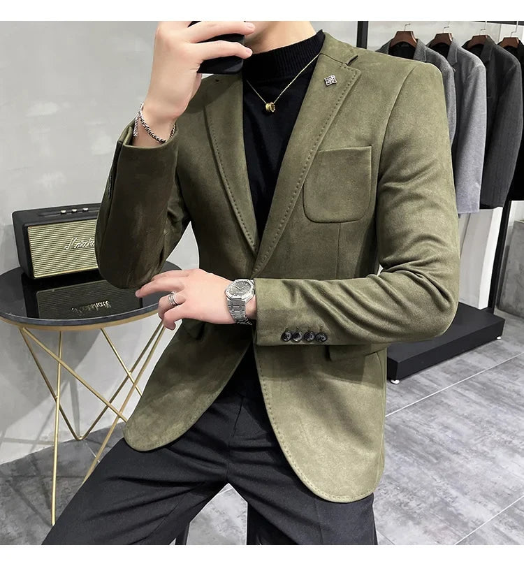 Deerskin Leather Jacket Blazer Men Casual Slim Fit Blazer Hombre Suit Leather Jacket Men Terno Masculino Men Clothing 6 Color