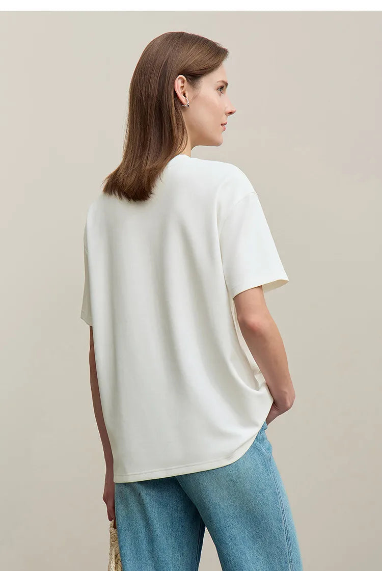 Women's T-Shirt 2026 Summer New Round Neck Drop Shoulder Cotton Tee Lace Embroidered Woman Loose Fit knit Tops 12622048