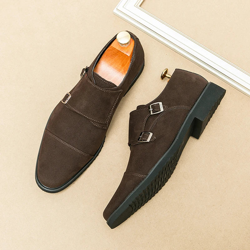New Brown Loafers Flock Double Buckle Monk Shoes Black Square Toe Slip-On Business Men Dress Shoes Size 38-46 Free Shipping