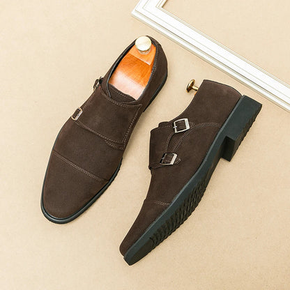 New Brown Loafers Flock Double Buckle Monk Shoes Black Square Toe Slip-On Business Men Dress Shoes Size 38-46 Free Shipping