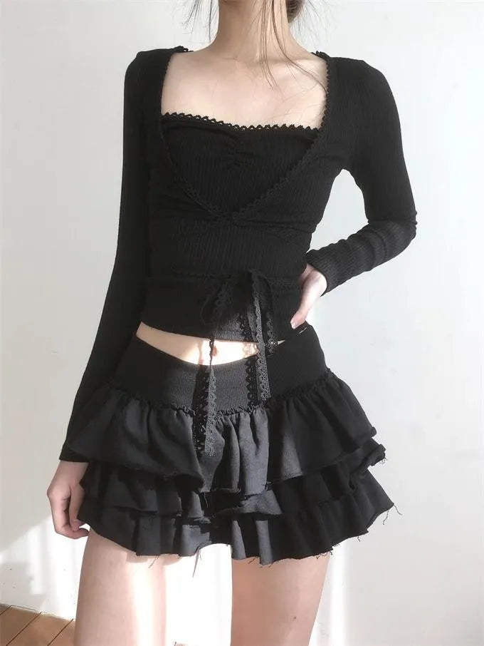 Y2k Lolita Mini Cake Skirt Soft Girl low Waist Ruffle Fluffy Fairy Skirts Summer Kawaii Cute Elegant Short Skirt Black