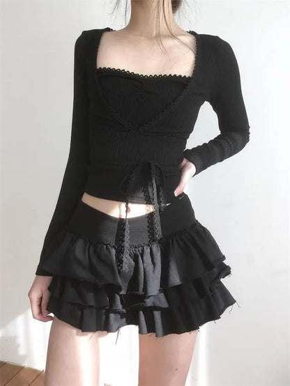 Y2k Lolita Mini Cake Skirt Soft Girl low Waist Ruffle Fluffy Fairy Skirts Summer Kawaii Cute Elegant Short Skirt Black