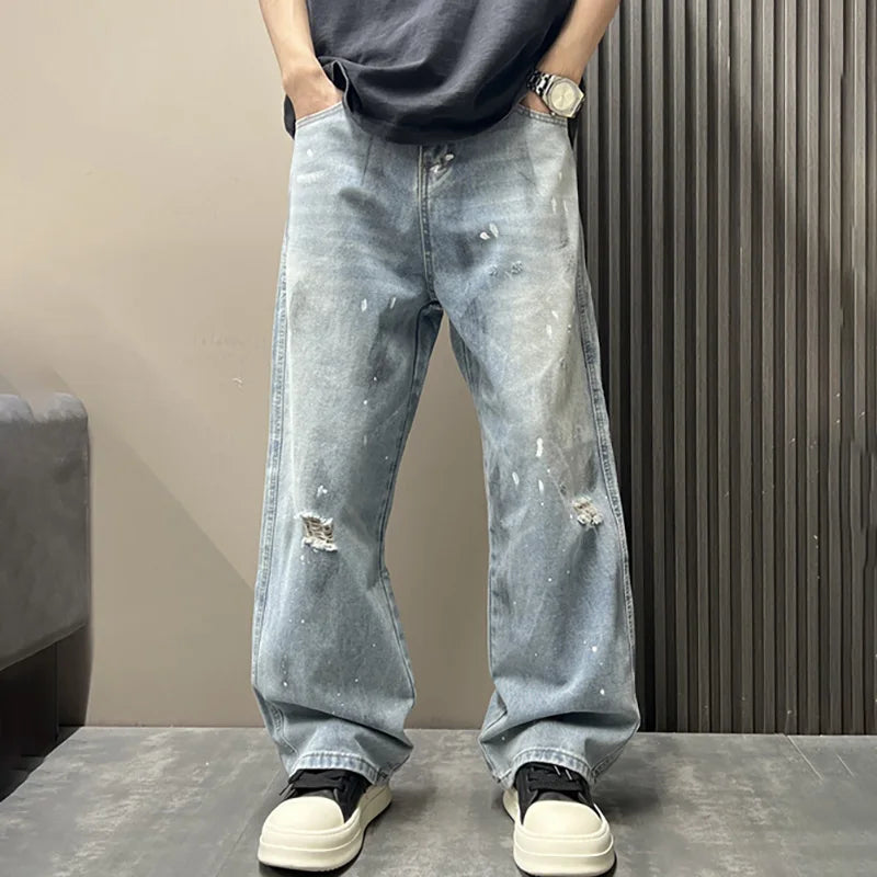 Korean Men'S Splashed Ink Jeans Casual Loose High Street Summer Ripped Denim Pants Retro Graffiti Straight Leg Pants