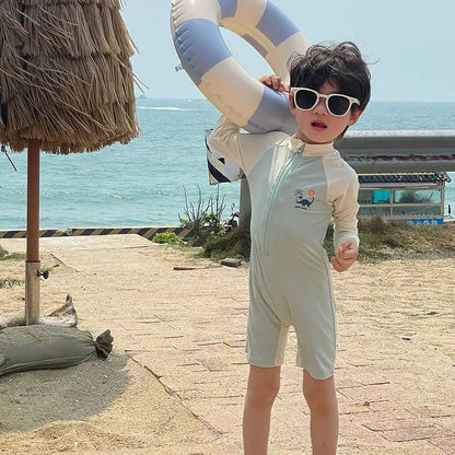 Summer Kids Swimwear Boys Beach Wear Plaid One-piece & Split Long Sleeve Boys Swimwear with Cap Sunscreen Baby Clothes