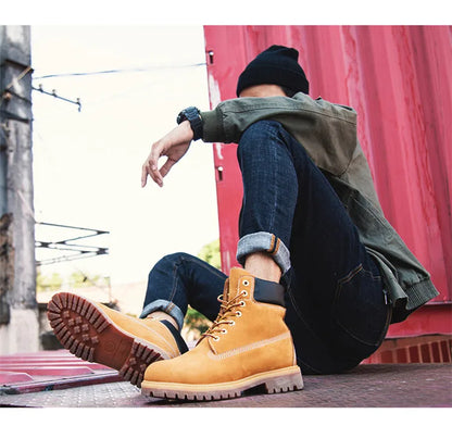 Anti-Slip High-Top  Boots Men's Winter Fce Lined Workwear Boots Briti Sle Boots Rubber Outsole Leather Upper