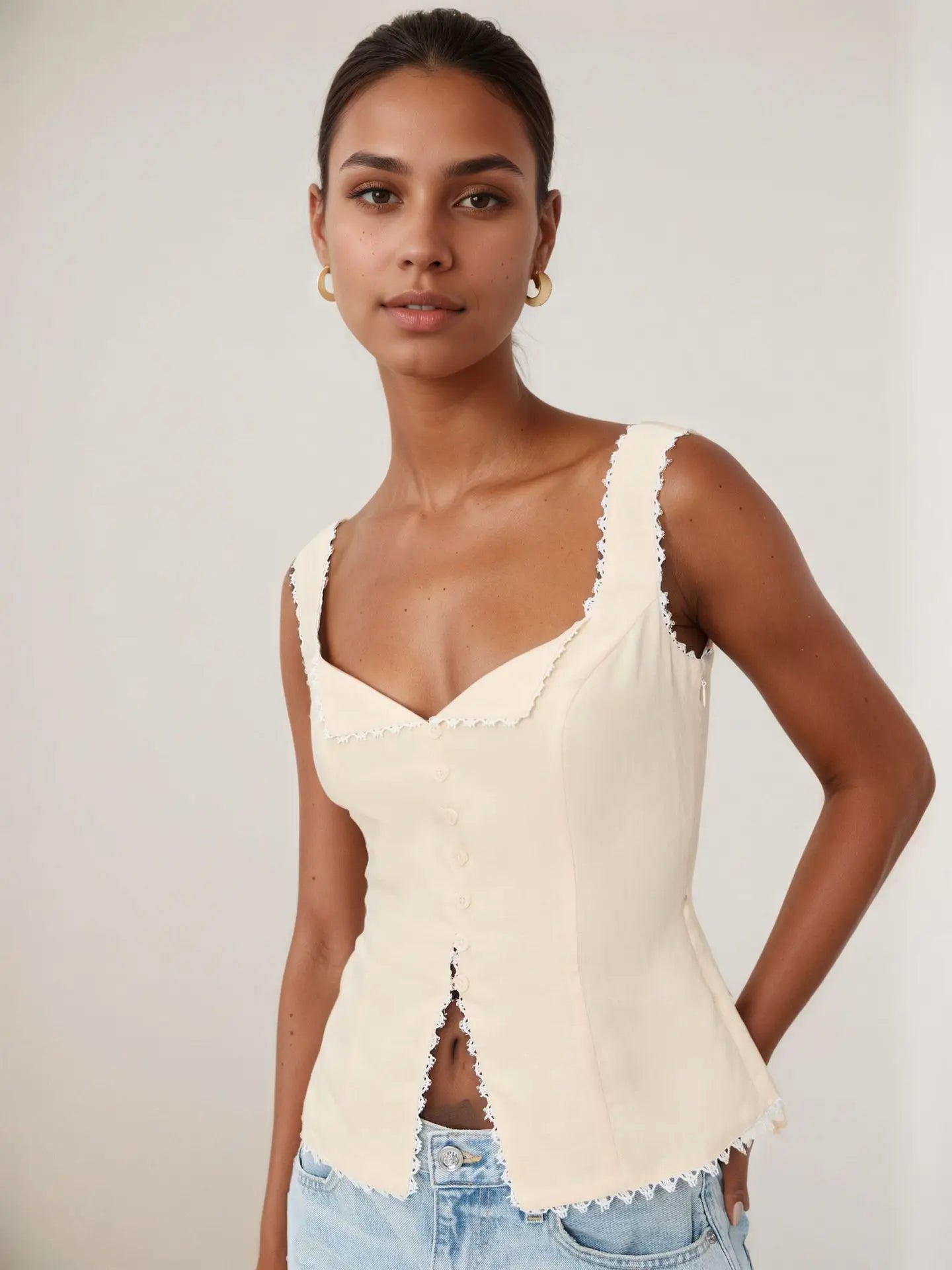 High Quality Hot Sale Wholesale Women's French Cotton Linen Lace Splicing Fashionable Buckle Suspender Solid Sleeveless Vest Top