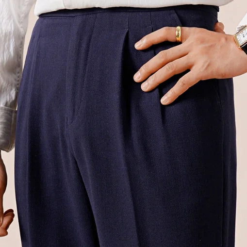 2025 New Italian Style Double Pleated Neapolitan Mens Formal Pants Casual Business Straight Leg High Waist Office Trousers Men