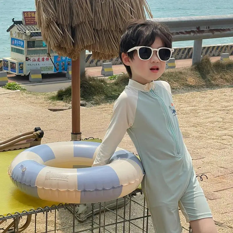 Summer Kids Swimwear Boys Beach Wear Plaid One-piece & Split Long Sleeve Boys Swimwear with Cap Sunscreen Baby Clothes