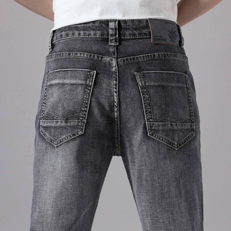 2026 Cotton Stretch Jeans Business Casual Men's Thin Denim Jeans Grey Spring Summer Brand New Fit Straight Lightweight